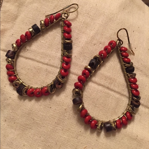 Teardrop Dangle Orange and Brown Beaded Earrings - Picture 3 of 3